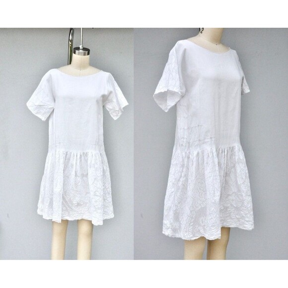 Antique 1900s Eyelet Embroidered Crochet White Dress or Night Gown S M